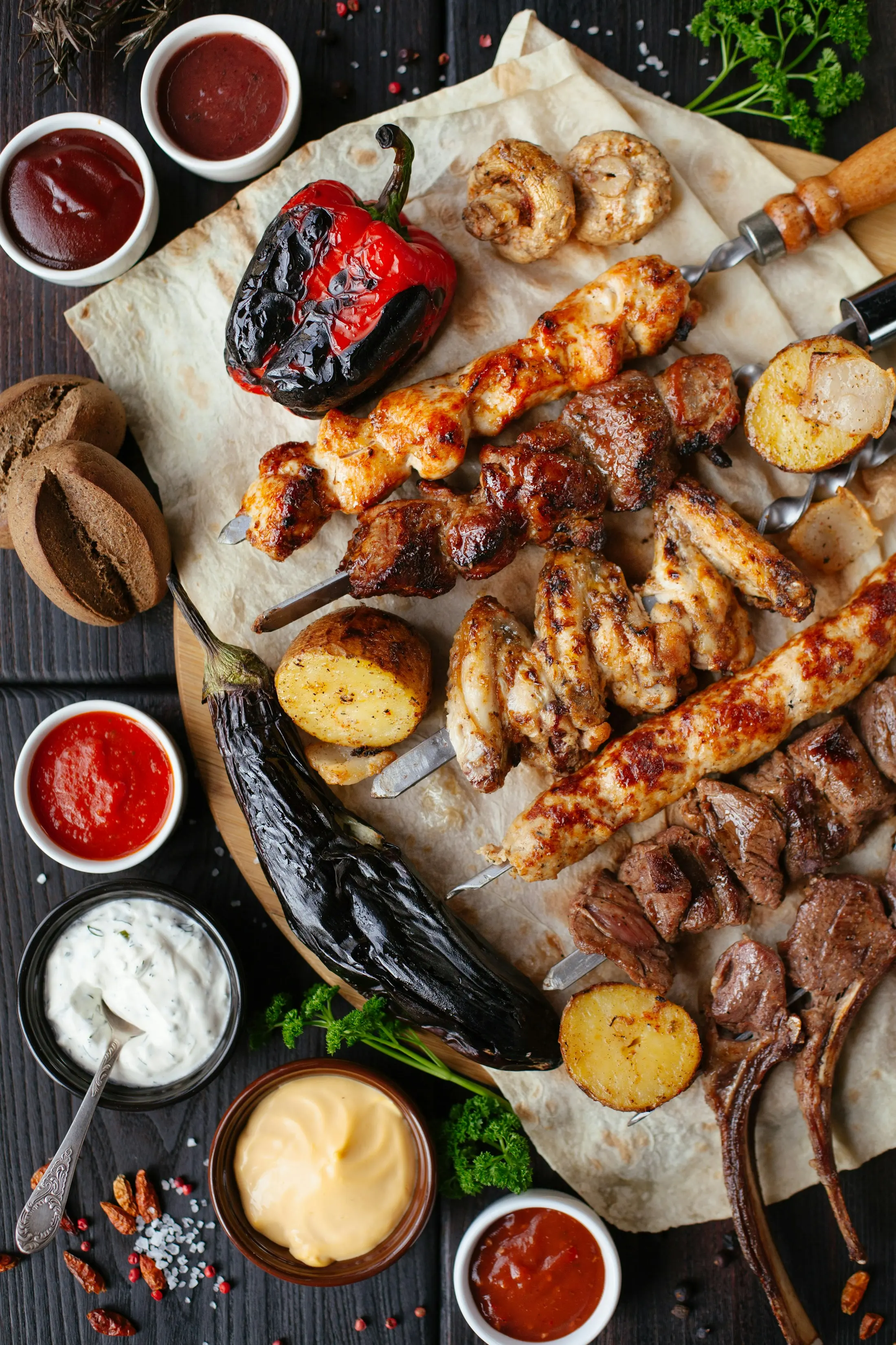 Grilled meats, roasted vegetables and sauces served on a board